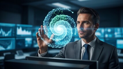 A man in a suit examining a 3D hologram in a high-tech control room with monitors