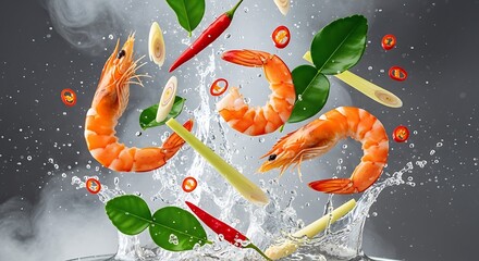 Delicious Tom Yum Soup Ingredients Shrimp, Chili Peppers, and Fresh Herbs Sprinkled in Water