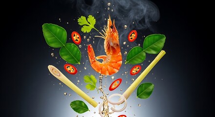 Delicious Shrimp Dish Ingredients Fresh Shrimp, Herbs, Lemongrass, and Red Chili Peppers