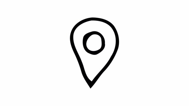 Hand-drawn doodle animation of a map location pin, simple black line sketch with alpha channel on transparent background.
