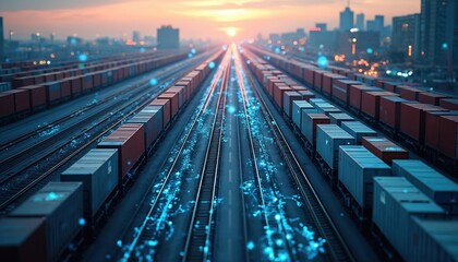 Illustration of smart logistics and cargo management. Trains move in digital city with data streams. Tech manages supply chain transport routes and infrastructure. Modern transport solutions.