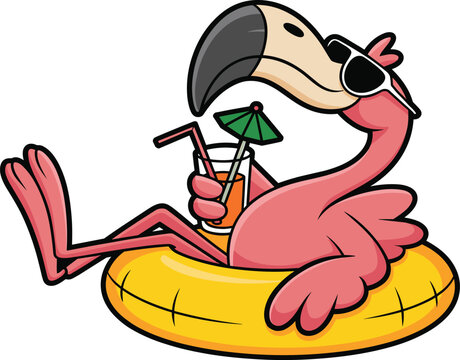Cartoon flamingo relaxing in pool float, tropical vacation theme, summer drink with umbrella, sunglasses bird character, vector artwork design