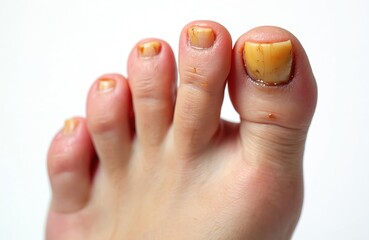 Close up photo shows toes affected by toenail fungus. The yellowed damaged nails indicate infection. This health issue causes discomfort and requires medical treatment.