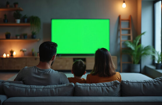 Family watches TV with a green screen in a modern living room. Parents and child relax together on a couch. The screen offers space for content or advertising.