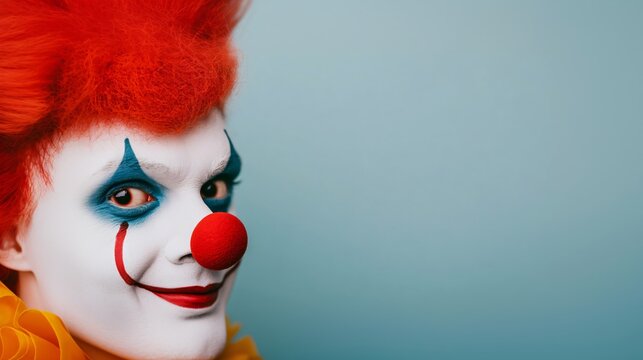 Young woman with red clown wig and makeup looking at camera with spooky smile. Halloween costume and horror concept. - Powered by Adobe