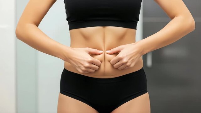 Woman pinching her belly fat, showing excess weight and body insecurity