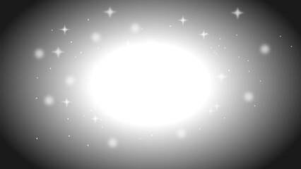 Abstract monochrome background featuring a bright central glow with surrounding sparkles and stars.