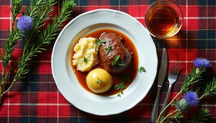 Burns night supper with haggis neeps tatties served on plate. Traditional scottish food flat lay on tartan cloth, scotch whisky and thistle flowers complete festive dinner table. Cultural meal event.