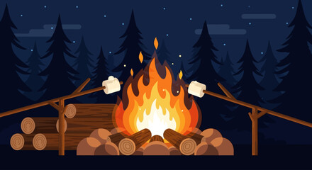 Illustration of a campfire with marshmallows roasting in a forest at night.