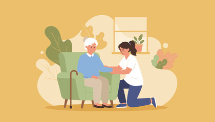 Compassionate caregiver assists senior woman sitting in armchair at home Home healthcare and elderly support
