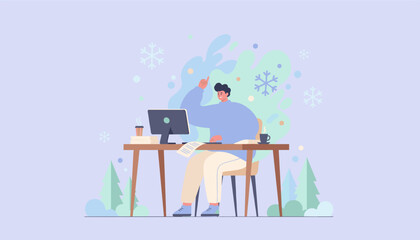 Creative man working remotely on a computer finding an idea in a cozy winter home setting Vector illustration