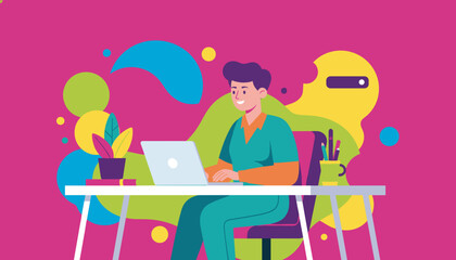 Smiling professional working on a laptop at a vibrant modern desk Digital work illustration