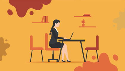 Businesswoman working on laptop in modern office illustration Professional remote work concept