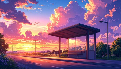 aesthetic bus stop illustration with dreamy sunset, vast painted 