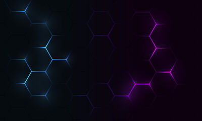 Dark hexagon abstract technology background with blue and pink colored bright flashes under hexagon. Hexagonal gaming abstract tech background. High quality illustration
