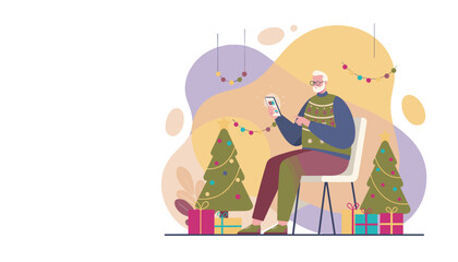 Senior man in a Christmas sweater using a smartphone for online holiday shopping or communication