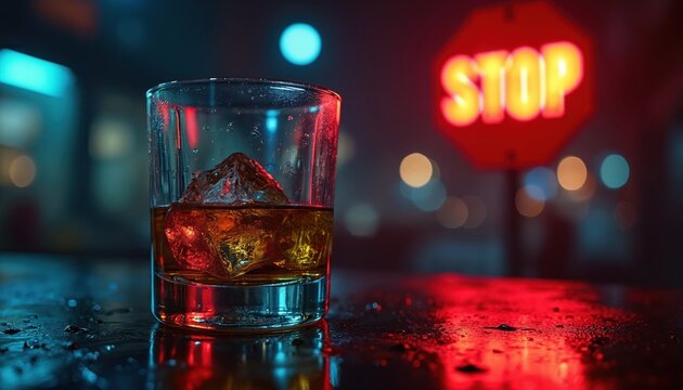 Glass of whiskey with ice sits on wet bar counter. Glowing red stop sign looms in background at night. Symbolizes responsible drinking choices and temptation.