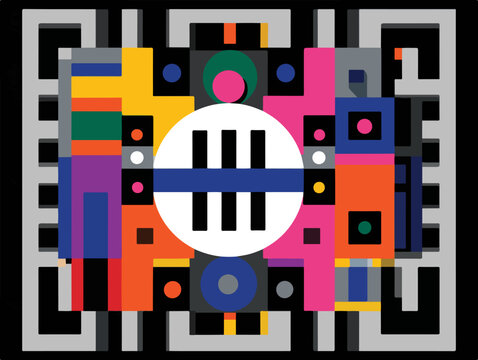 Abstrato colorido com formas geom&eacute;tricas e padr&atilde;o de QR code, design moderno e digital.