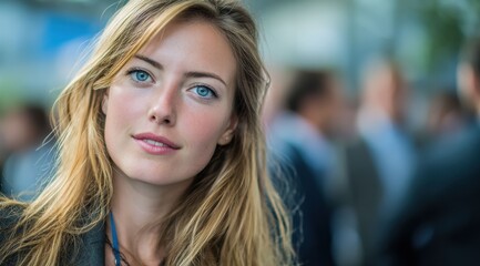 Obraz premium Young businesswoman engages in friendly conversation at trade exhibition, dressed in smart casual attire and exuding approachable confidence.