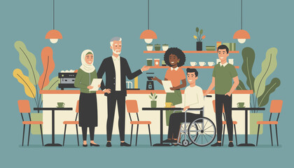 Diverse inclusive cafe team meeting Manager discusses service with employees in a modern coffee shop