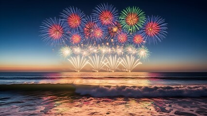 Colorful fireworks illuminate a seascape at dusk, reflecting in ocean water