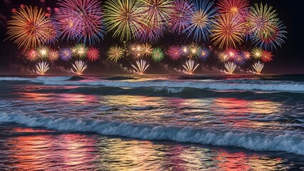 Dramatic nighttime spectacle featuring colorful fireworks exploding over ocean waves reflecting the light