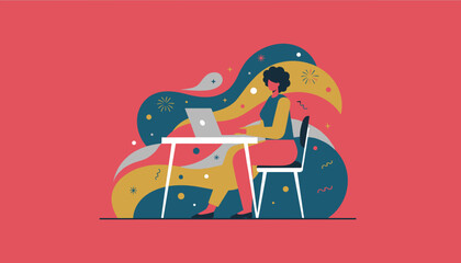 Woman working on a laptop in a vibrant creative environment Remote work concept illustration