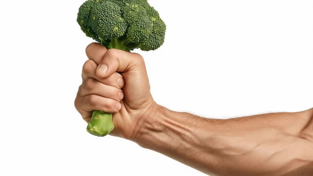 Close up of a fit man's muscular hand and forearm squeezing a fresh head of green broccoli, isolated on a white background. Concept of vegan power