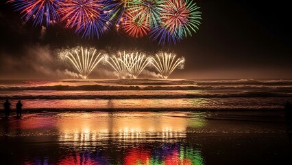 Colorful pyrotechnics explode over ocean waves, reflecting on wet sand at dusk