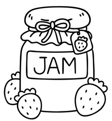 Strawberry jam jar with berries and bow — cozy autumn homemade preserve