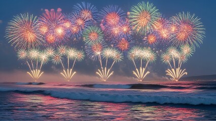 Spectacular fireworks burst over ocean waves, reflecting in the water's surface at dusk