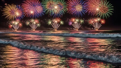 Colorful fireworks burst over ocean waves at night. Reflections shimmer on the water