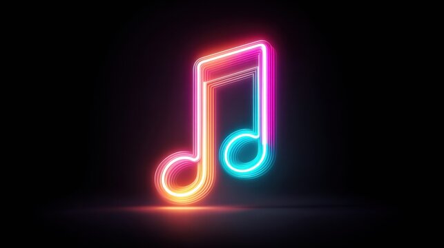 Glowing neon music note against a dark background.