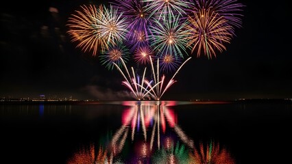 Colorful pyrotechnics explode over a calm lake at night, reflected in the water