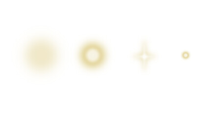 A set of four golden light effects, including a soft orb, a halo, a starburst sparkle, and a small ring, isolated on a white background.