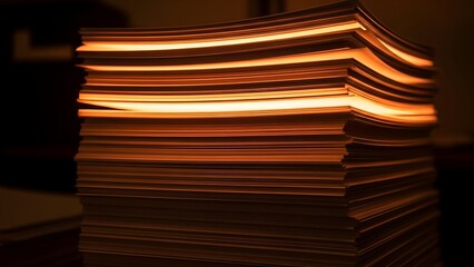 Close-up of stacked blank paper illuminated by an internal light source, creating glowing layers