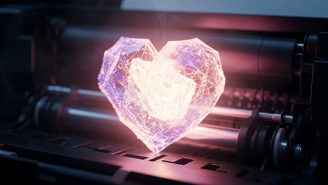 Glowing digital heart emerging from industrial machinery, showcasing futuristic technology - Powered by Adobe
