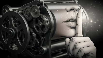 Surreal depiction a human face blending with complex mechanical gears. Concept of secrets