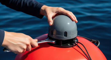 Technician fastens gray marine sensor dome atop buoyant red flotation device on calm ocean, securing instrument with metal tool for aquatic data monitoring and research