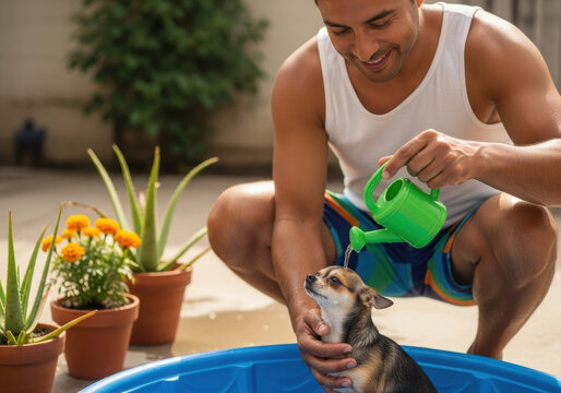 Joyful young man gently pours water over small dog in outdoor kiddie pool on sunny day, surrounded by potted plants pet care, bonding, summer refreshment, animal welfare concept