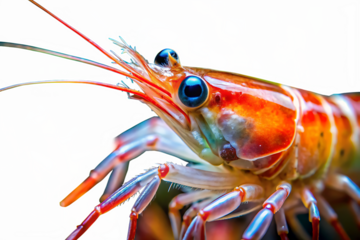 Macro of a bright orange shrimp with blue eyes and colorful abstract background
