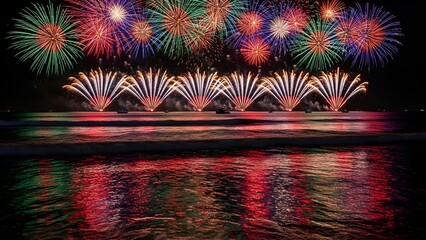 Dazzling fireworks erupt over ocean at night, colorful explosions reflecting in water