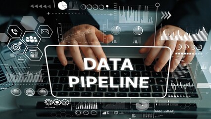 High-Tech Data Pipeline Concept with Hands on Keyboard and Digital Analytics Overlay for Modern Business Insights. Asymptotic smart data analytic.