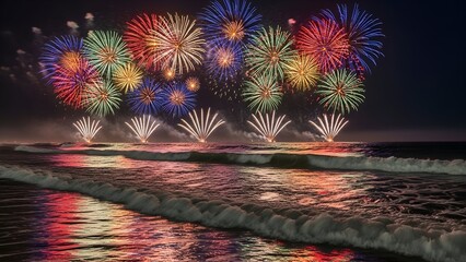 Colorful explosions illuminate the night sky above ocean waves during a celebratory event