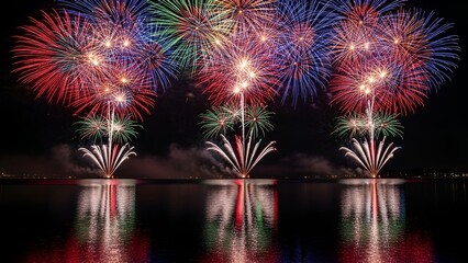 Spectacular display of fireworks exploding over a body of water at night, reflected below