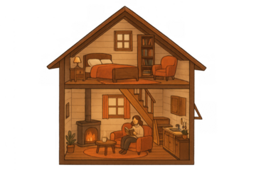 Cozy house interior with woman reading by fireplace, finding comfort and relaxation, transparent background