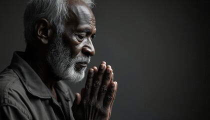 Fototapeta premium Elderly African man with grey beard prays with hands together. He has closed eyes and looks calm, deep in thought. Spiritual moment, hope, or devotion.