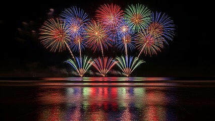 Colorful fireworks display over calm ocean at night with reflections