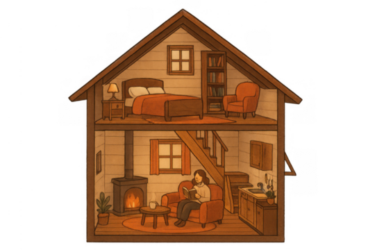 Cozy house interior with woman reading by fireplace, finding comfort and relaxation, transparent background