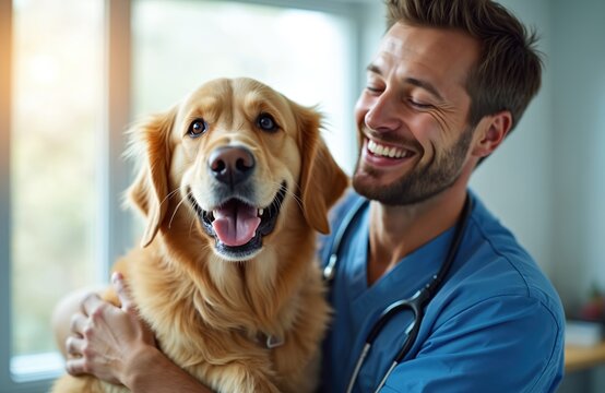 Happy vet man embraces a golden retriever dog in clinic. Both smile with joy. The vet wears blue uniform, stethoscope, showing loving care. Loyal animal feels calm during checkup visit at the office.